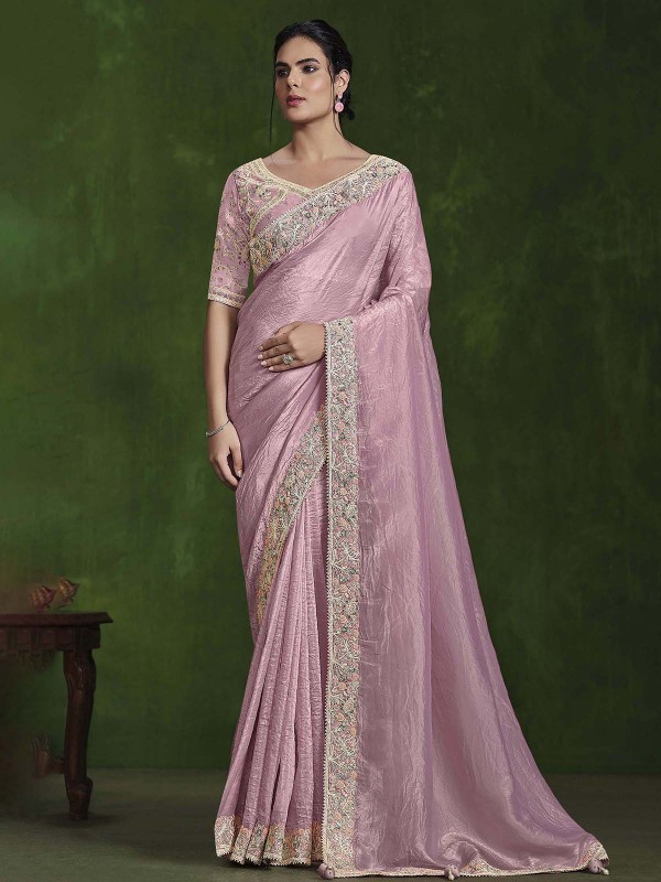 Lavender Pink Crush Paper Silk Saree With Stitched Blouse